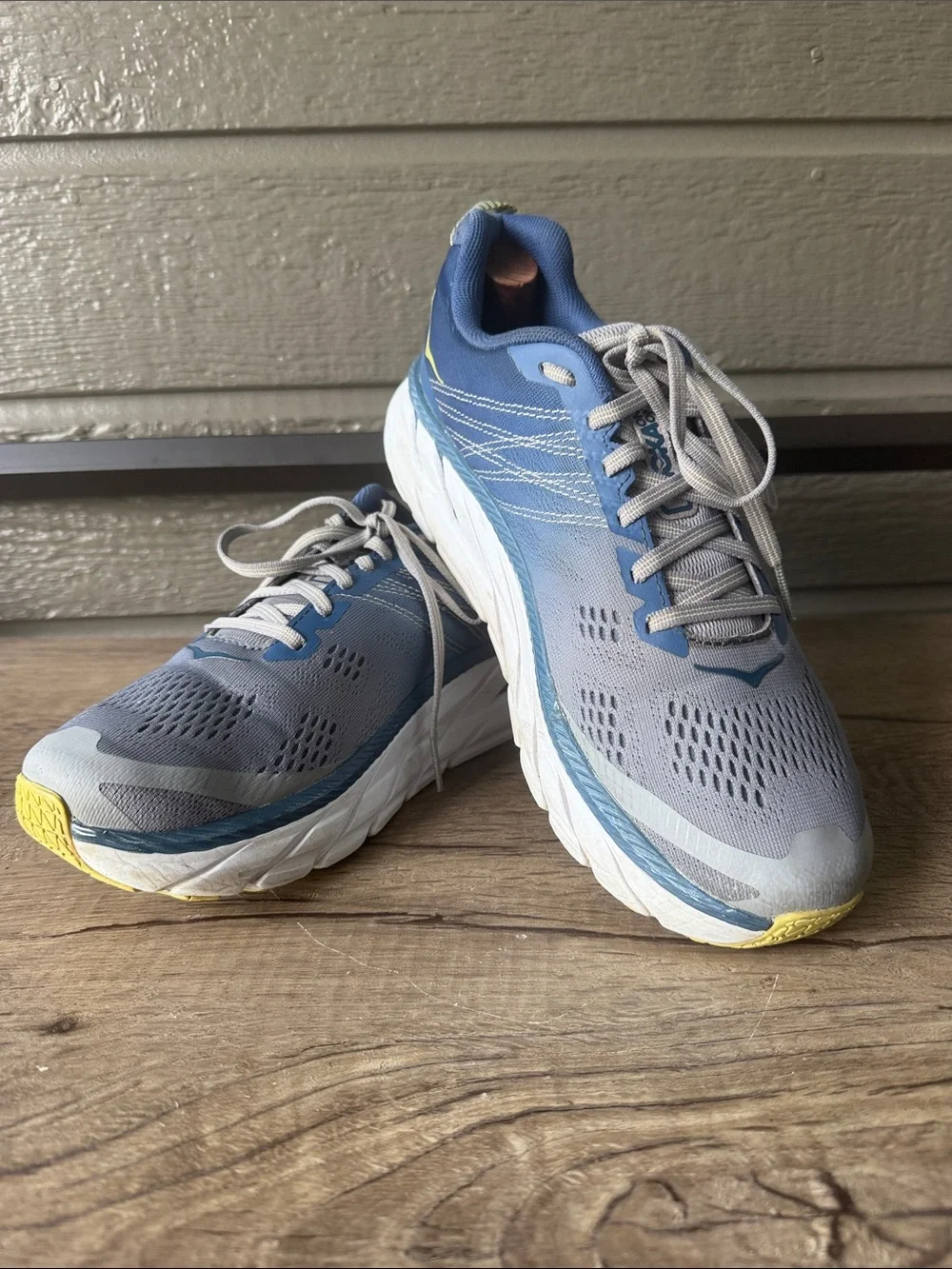 Hoka One Women Clifton 6 Blue and Gray Running Shoes with Yellow Accents